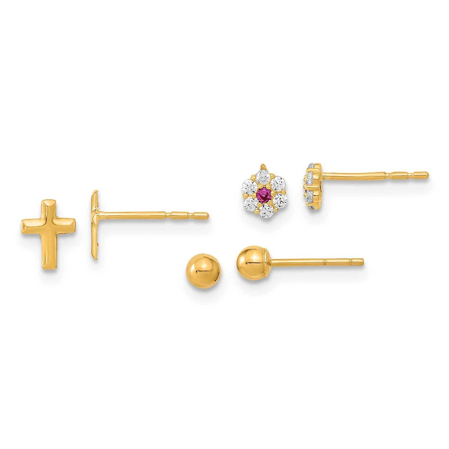 Set of Ball Post CZ Diamond Flowers and Cross 3 Pair Earrings Set 14k Gold Polished YE2126, MPN: YE…