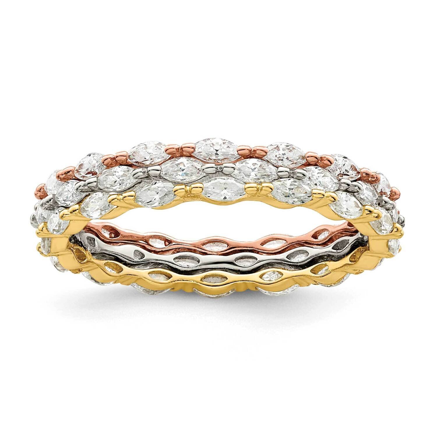 Rose & Gold-Tone Marquise CZ Diamond Eternity 3 Band Set Sterling Silver QR7291-6