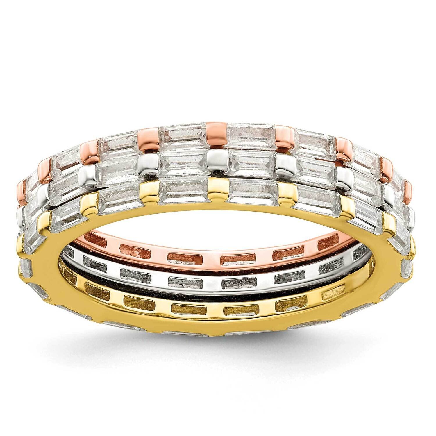 Rose &amp; Gold-Tone Baguette CZ Diamond Eternity 3 Band Set Sterling Silver QR7292-6, MPN: QR7292-6,