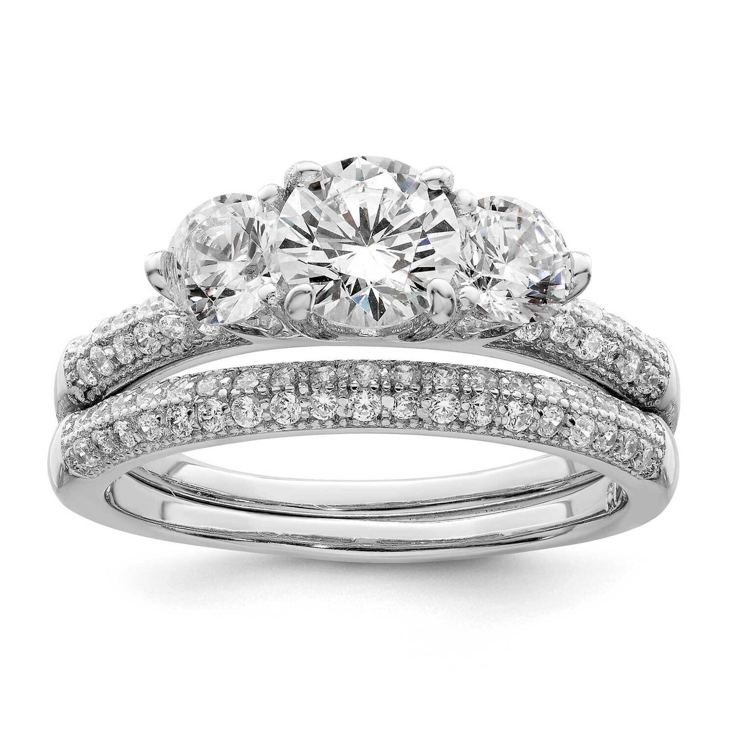 3 Stone Pave Band Engagement Ring Set Sterling Silver Rhodium-Plated QR7302-6, MPN: QR7302-6,