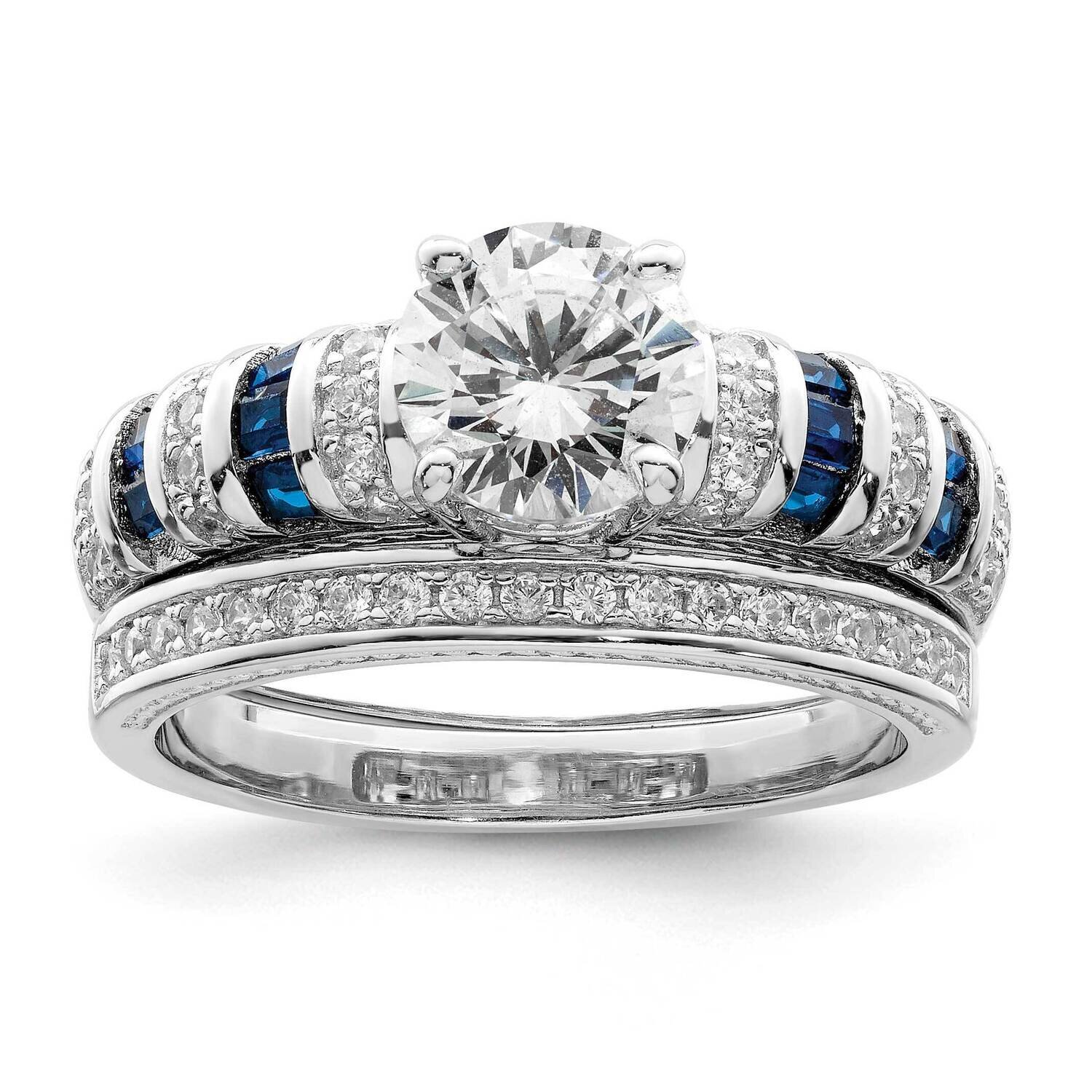 Blue &amp; White CZ Diamond Engagement &amp; Band R Sterling Silver Rhodium-Plated Polished QR7303-6, MPN: …
