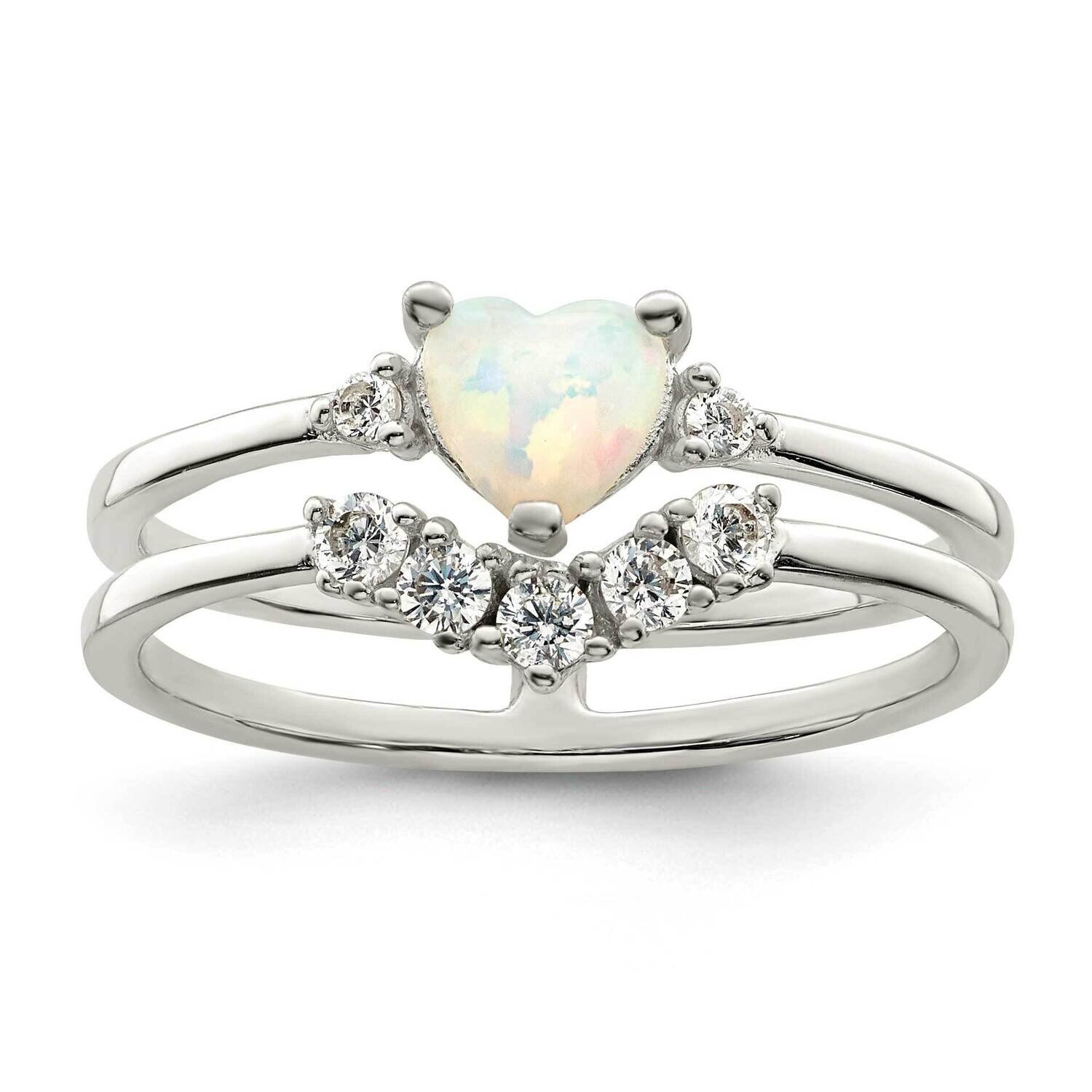 Heart Created White Opal Double Band Ring Sterling Silver Cz Diamond QR7331-6, MPN: QR7331-6,