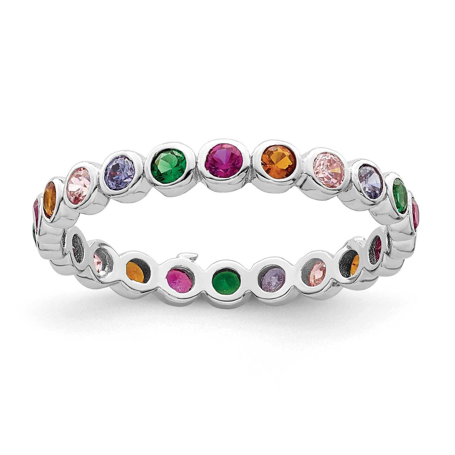 Multi-Color CZ Diamond Band Ring Sterling Silver Rhodium-Plated Polished QR7367-6, MPN: QR7367-6,