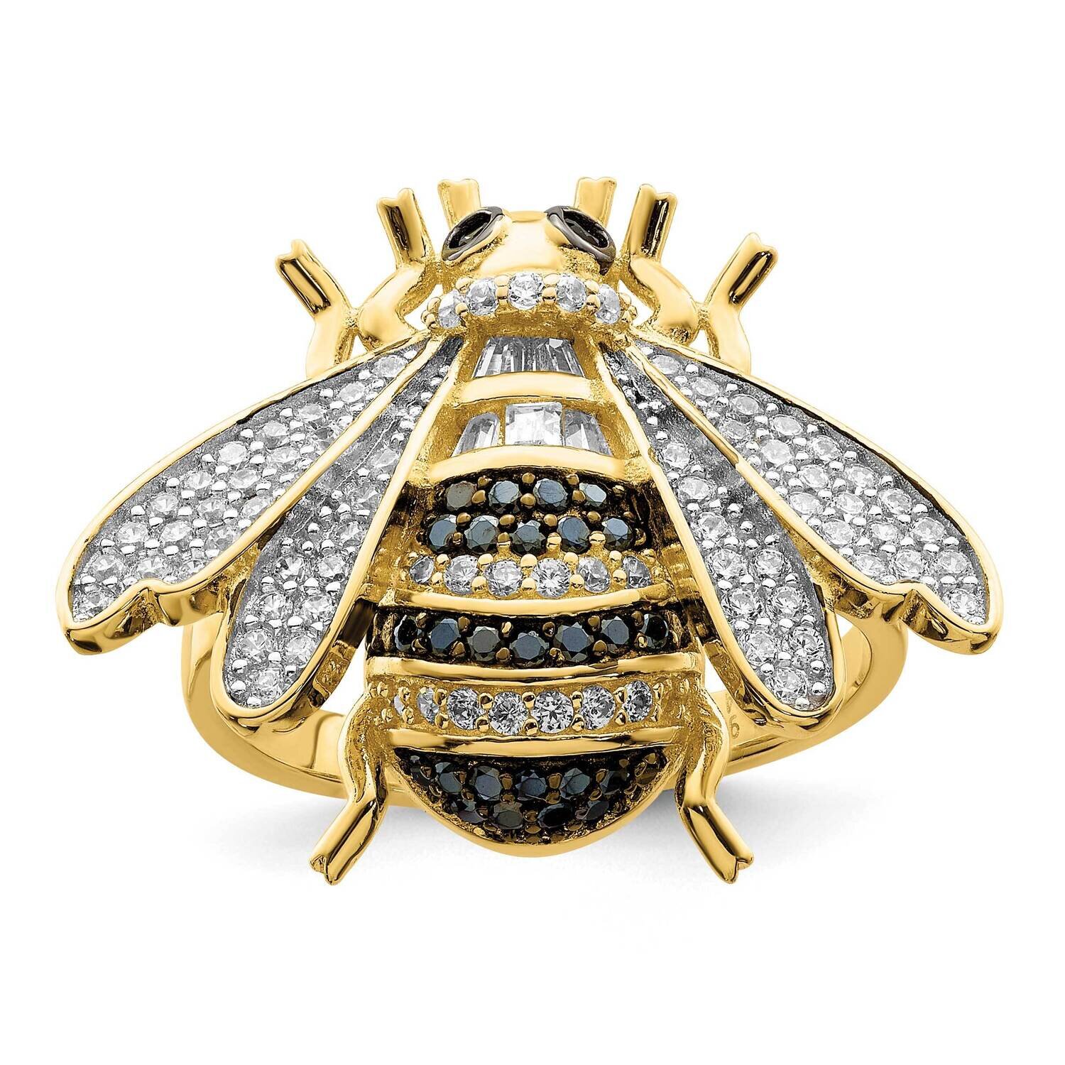 Black White Rh-Plated Gold Tone CZ Diamond Bumblebee Ring Sterling Silver QR7202, MPN: QR7202,