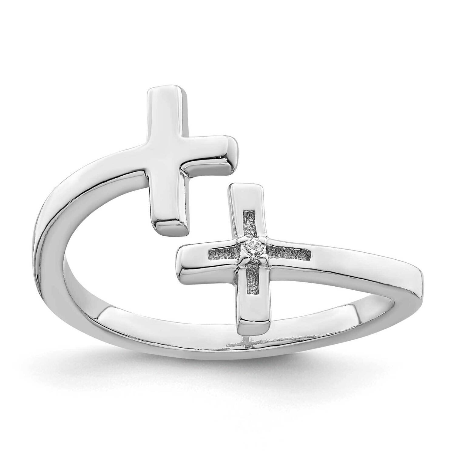 CZ Diamond Double Cross Adjustable Ring Sterling Silver Rhodium-Plated QR7207, MPN: QR7207,