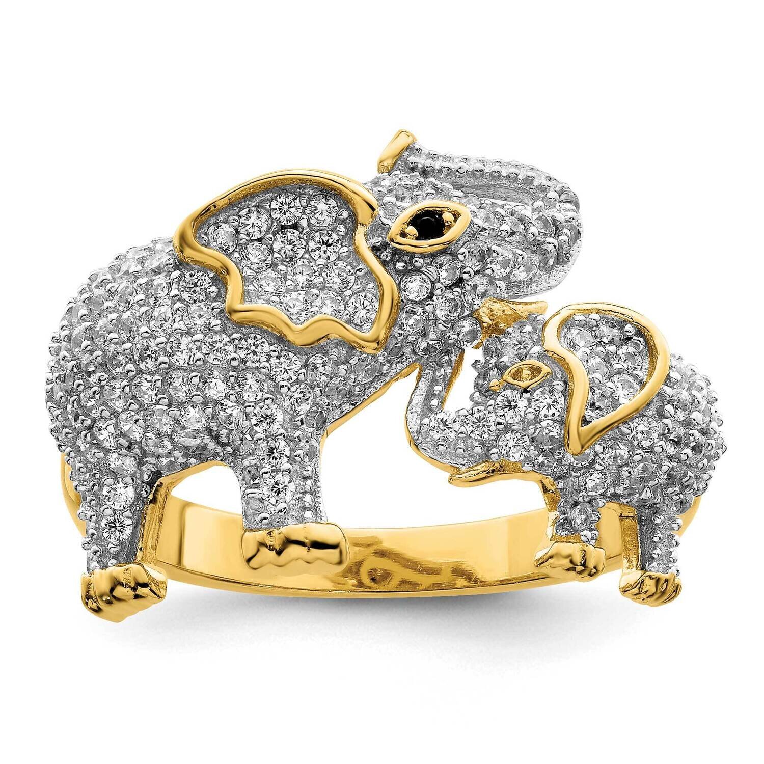 Gold Tone Mom &amp; Baby CZ Diamond Elephants Ring Sterling Silver Rhodium-Plated QR7223, MPN: QR7223,