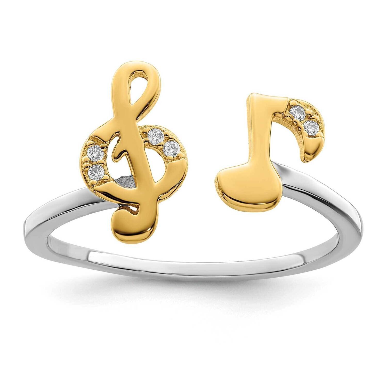Gold-Plated CZ Diamond Music Notes Adjustable Ring Sterling Silver Rhodium-Plated QR7224