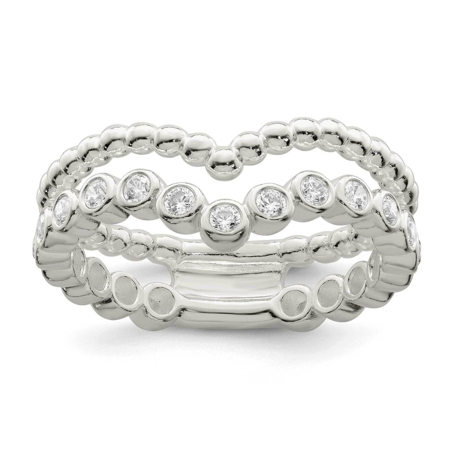 CZ Diamond Beaded Double Fancy Ring Sterling Silver Polished QR7281, MPN: QR7281,