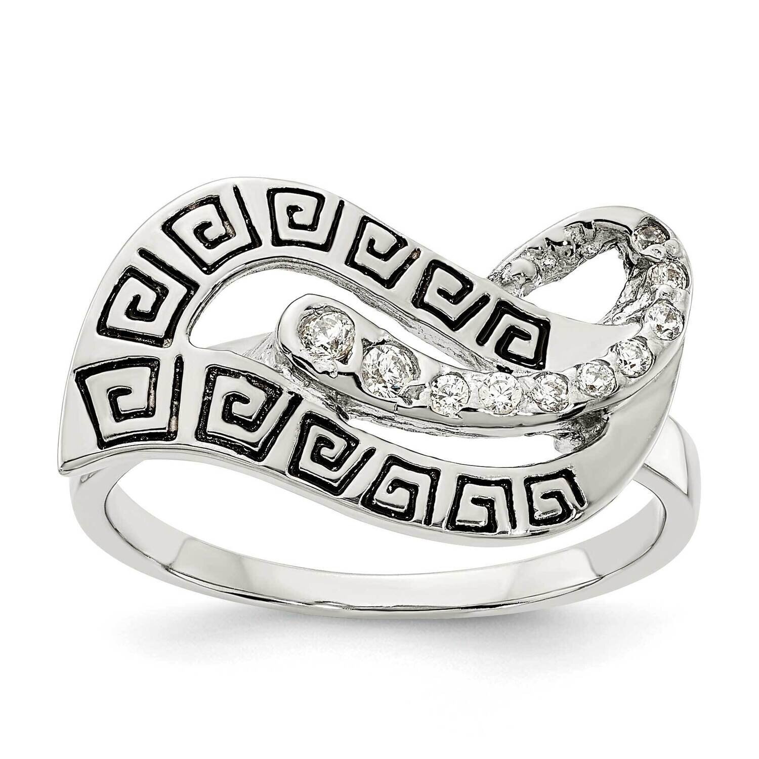 CZ Diamond Enameled Greek Key Ring Sterling Silver Polished QR7282