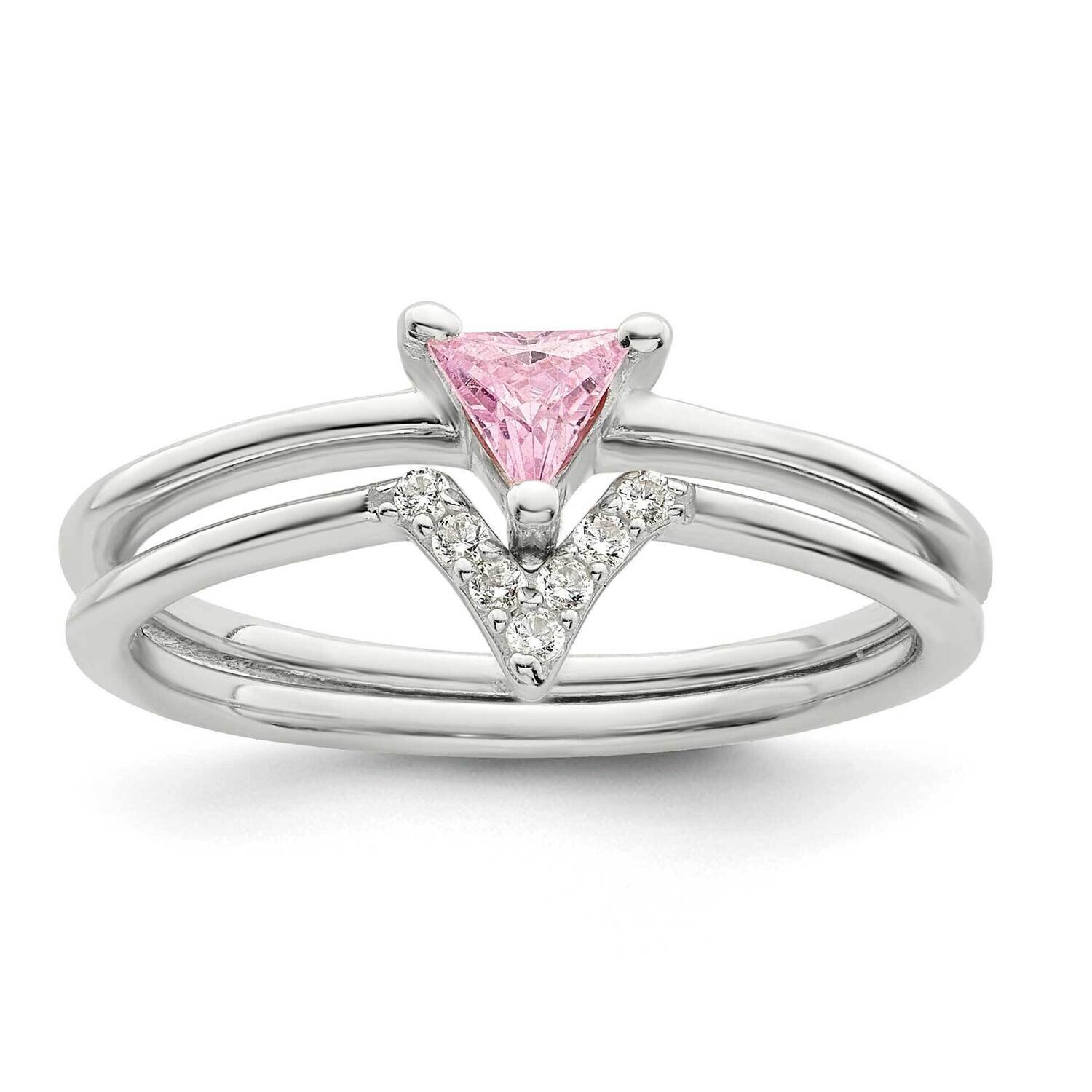 Pink Trillion CZ Diamond and White CZ Diamond Ring Set Sterling Silver QR7288, MPN: QR7288,