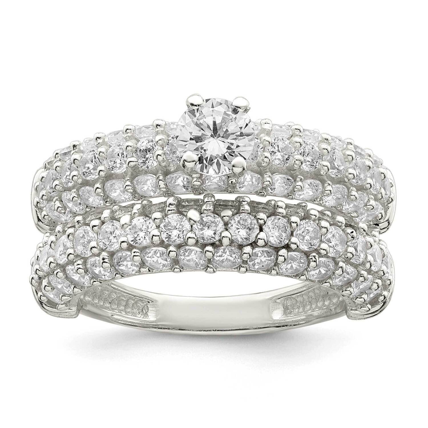 Pave CZ Diamond Wedding Ring Set Sterling Silver Polished QR7304, MPN: QR7304,