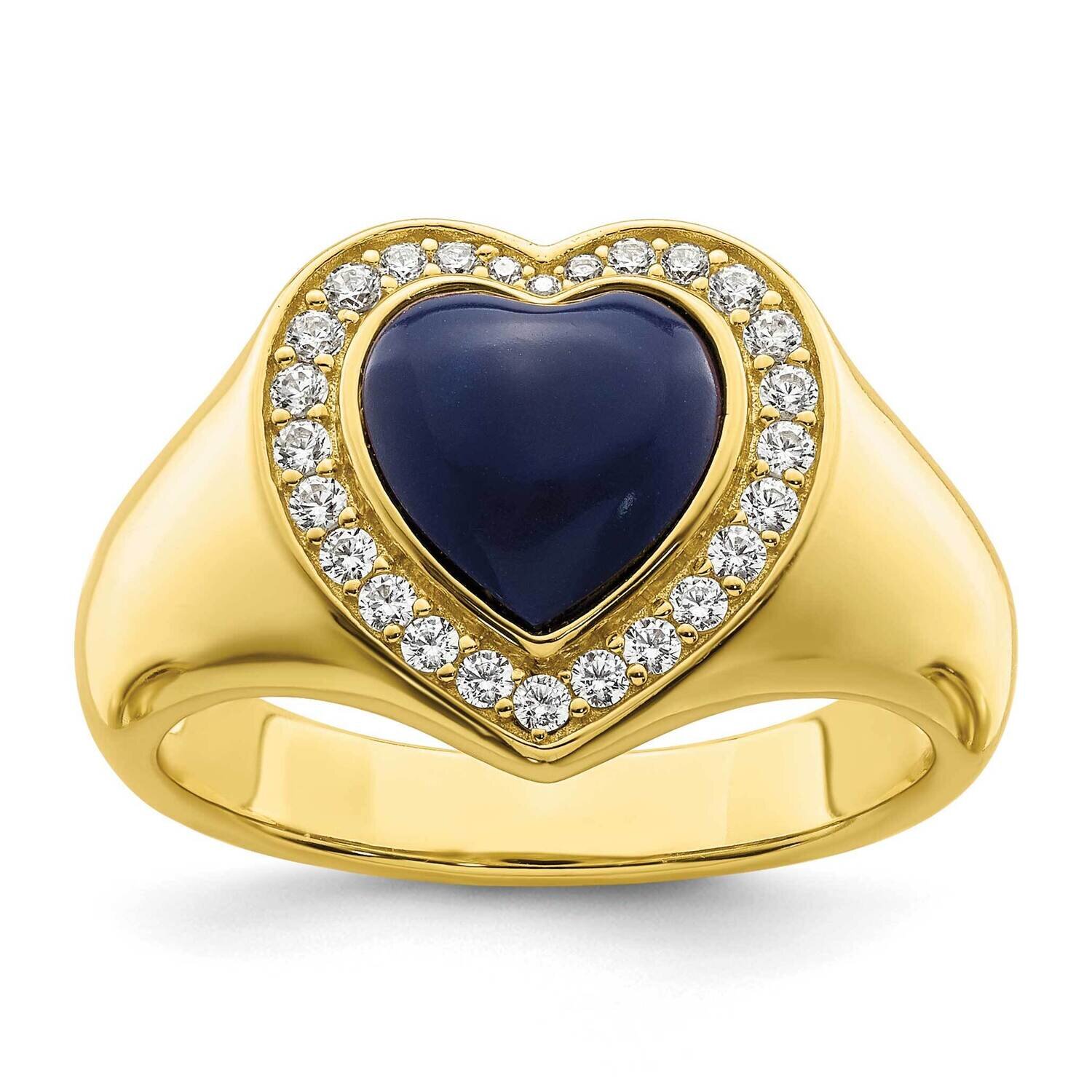 CZ Diamond & Created Lapis Lazuli Heart Ring Sterling Silver Gold-Tone QR7318