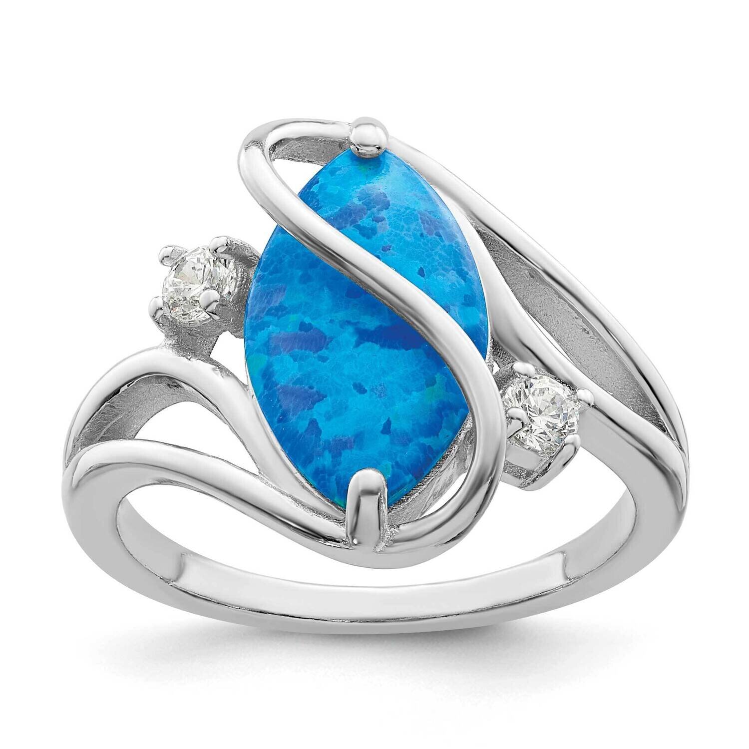 Blue Created Opal &amp; CZ Diamond Twist Ring Sterling Silver Rhodium-Plated Polished QR7326, MPN: QR73…