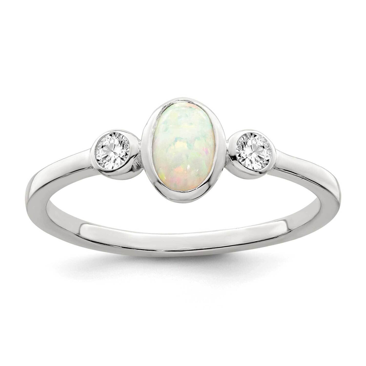 CZ Diamond and White Created Opal Ring Sterling Silver Polished QR7327