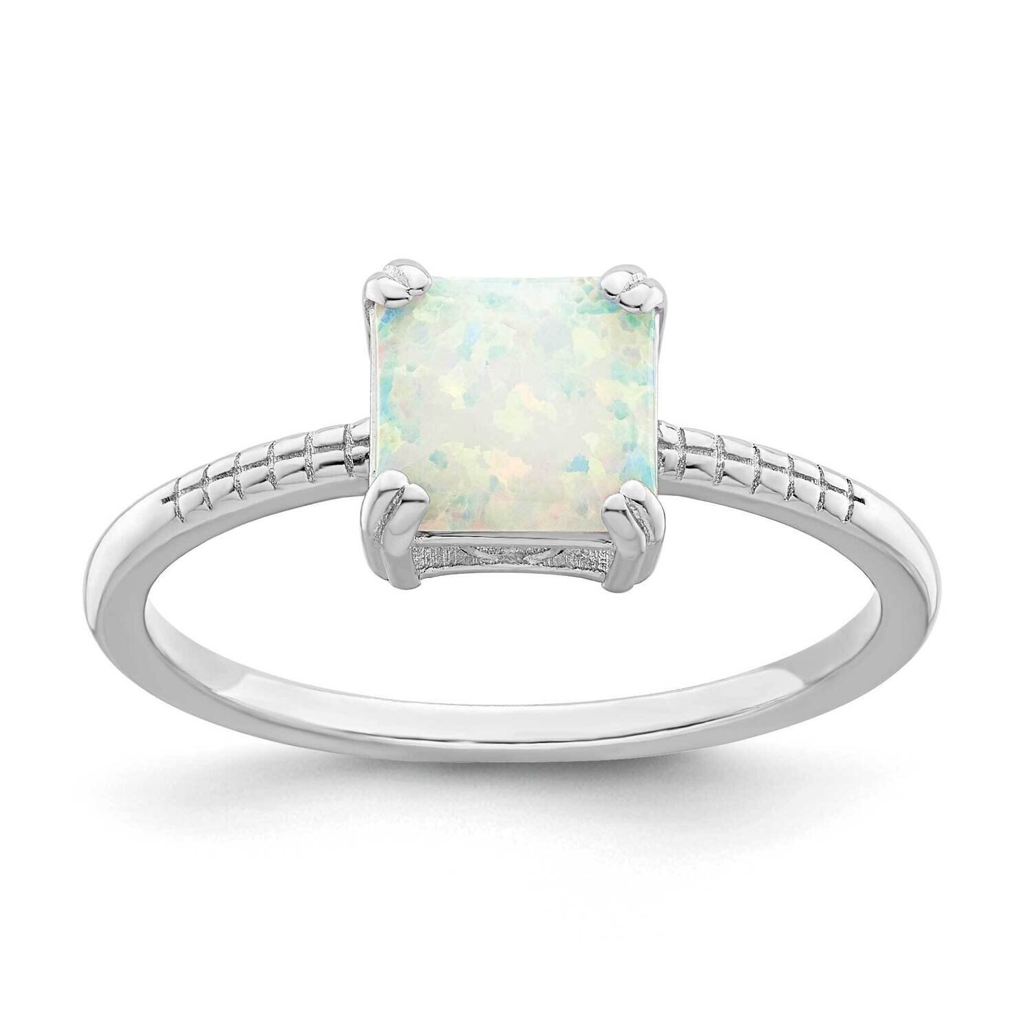Square White Created Opal Ring Sterling Silver Rhodium-Plated Polished QR7328, MPN: QR7328,