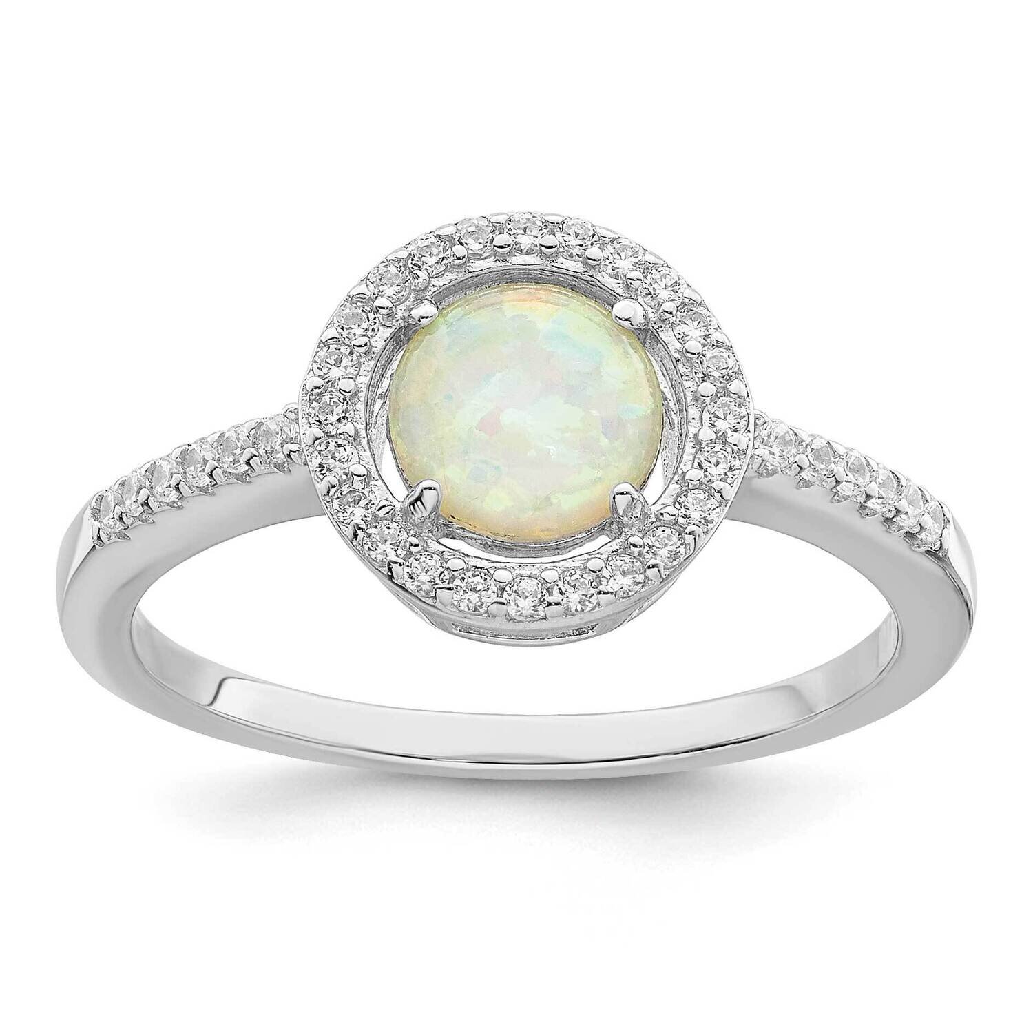 White Created Opal CZ Diamond Halo Ring Sterling Silver Rhodium-Plated Polished QR7329