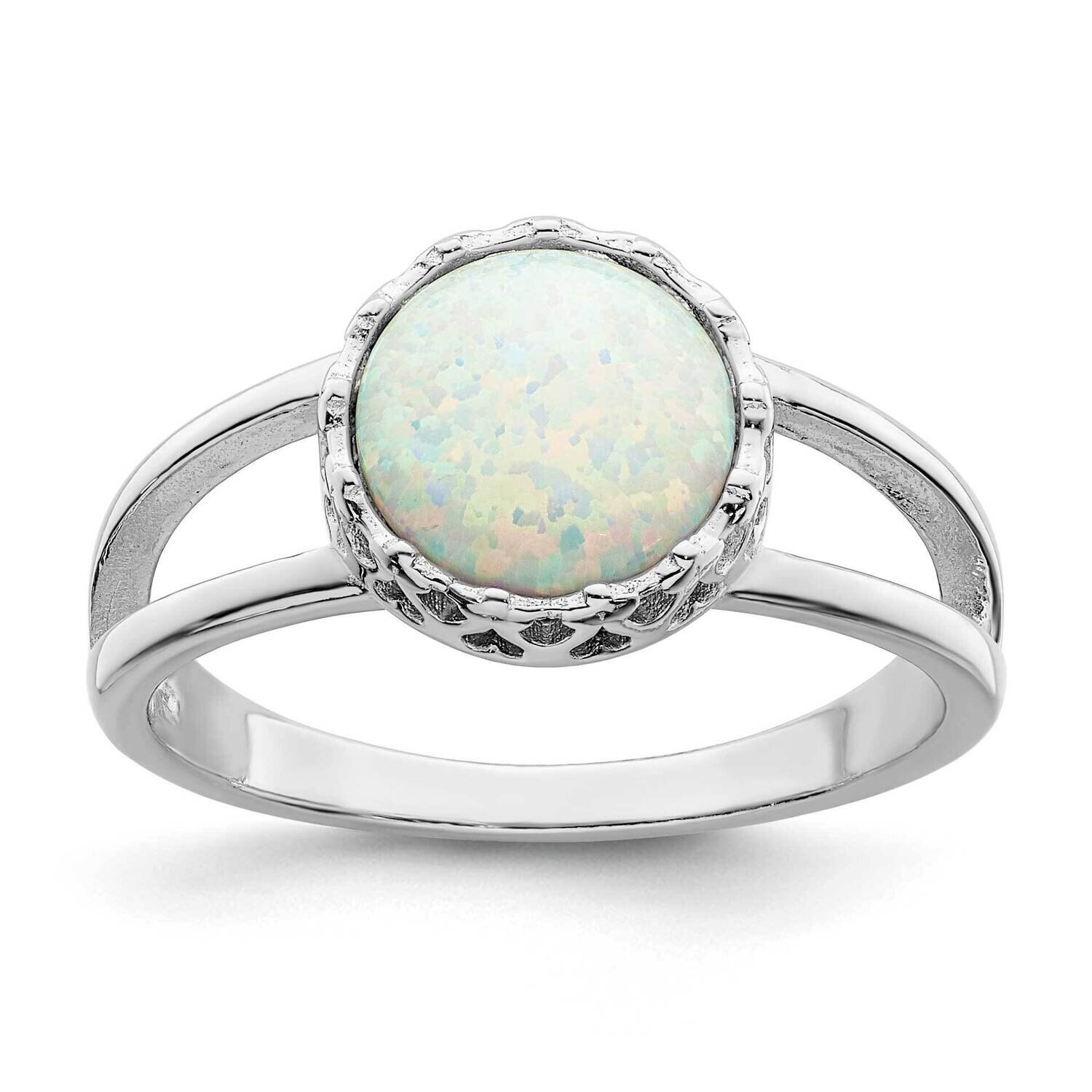 Round White Created Opal Inlay Ring Sterling Silver Rhodium-Plated QR7333, MPN: QR7333,