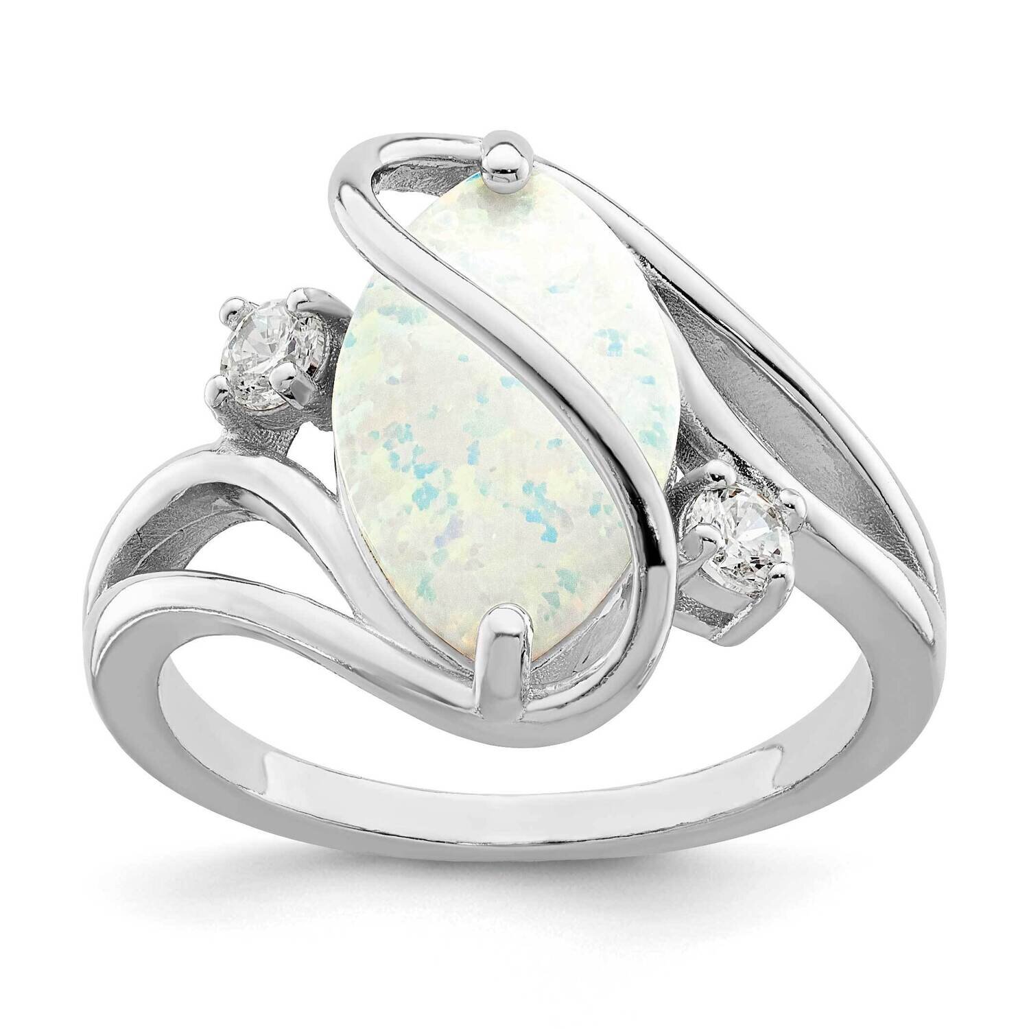 White Created Opal &amp; CZ Diamond Twist Ring Sterling Silver Rhodium-Plated QR7335, MPN: QR7335,