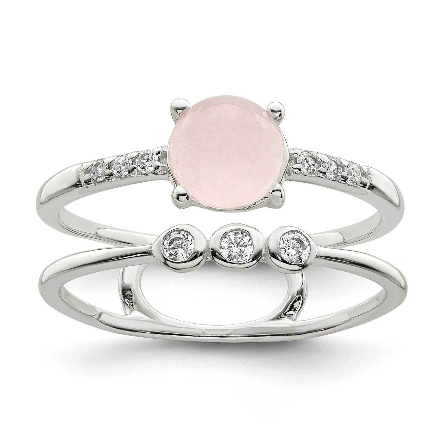CZ Diamond and Pink Quartzite Double Ring Sterling Silver Polished QR7337, MPN: QR7337,
