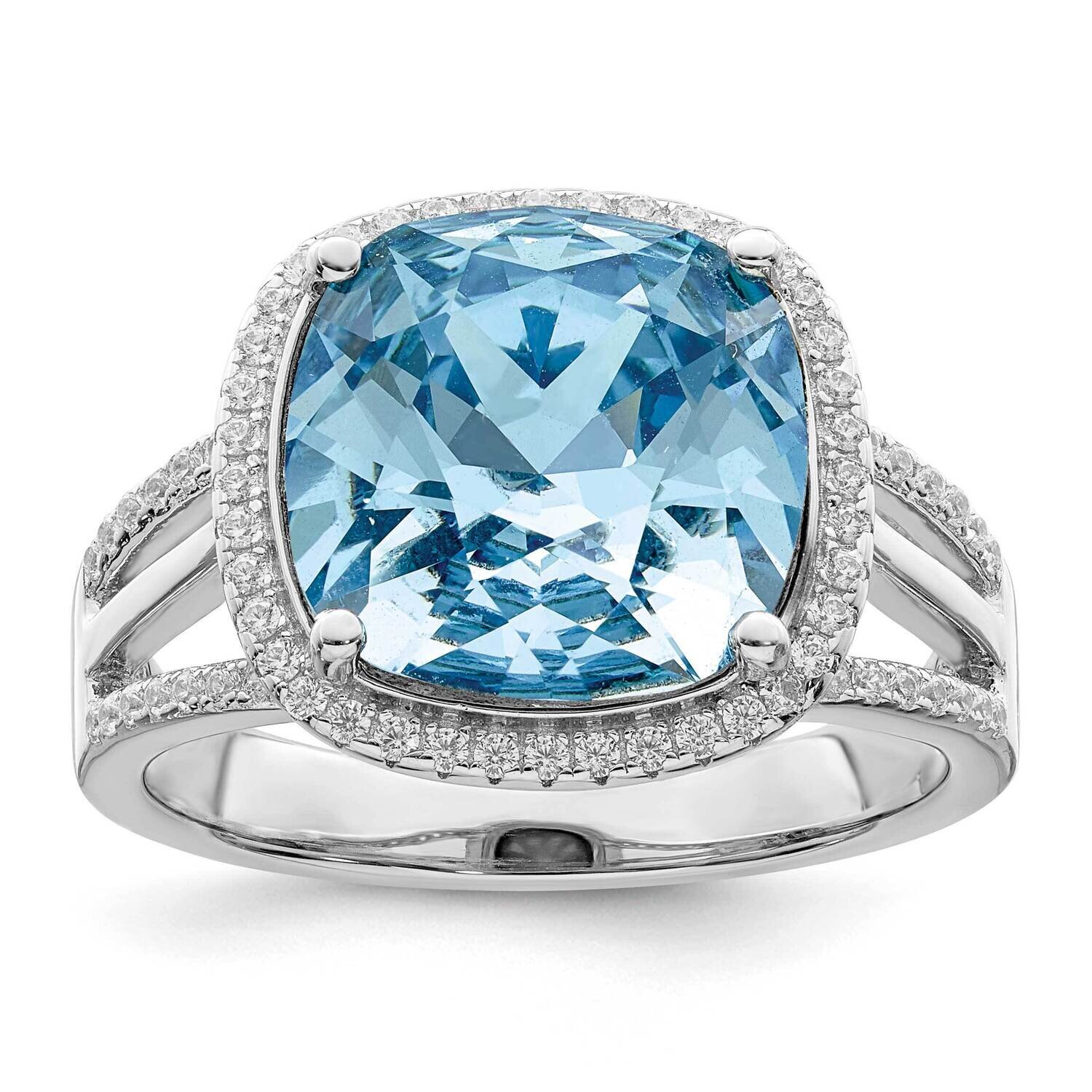 CZ Diamond & Blue Swarovski Crystal Ring Sterling Silver Rhodium-Plated Polished QR7347
