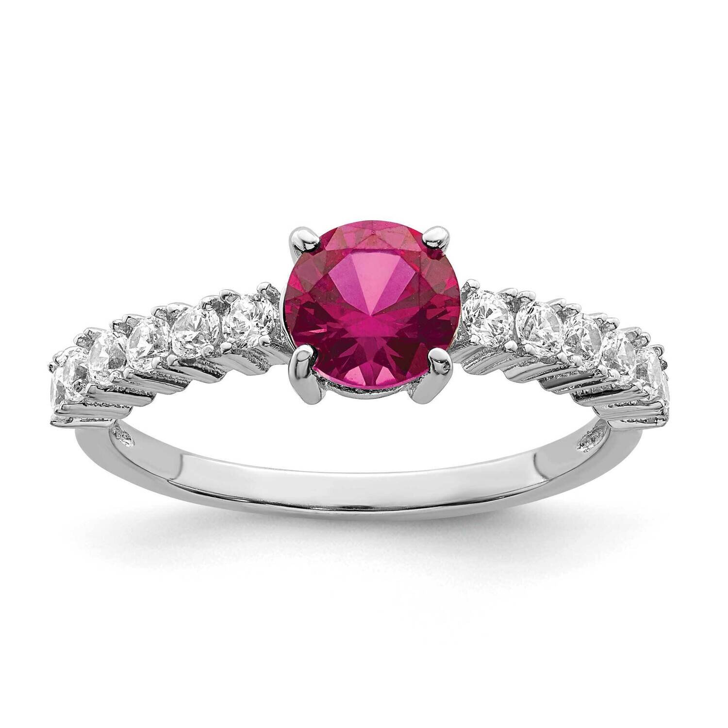 Rhodium-Plated Created Ruby and CZ Diamond Ring Sterling Silver Polished QR7355