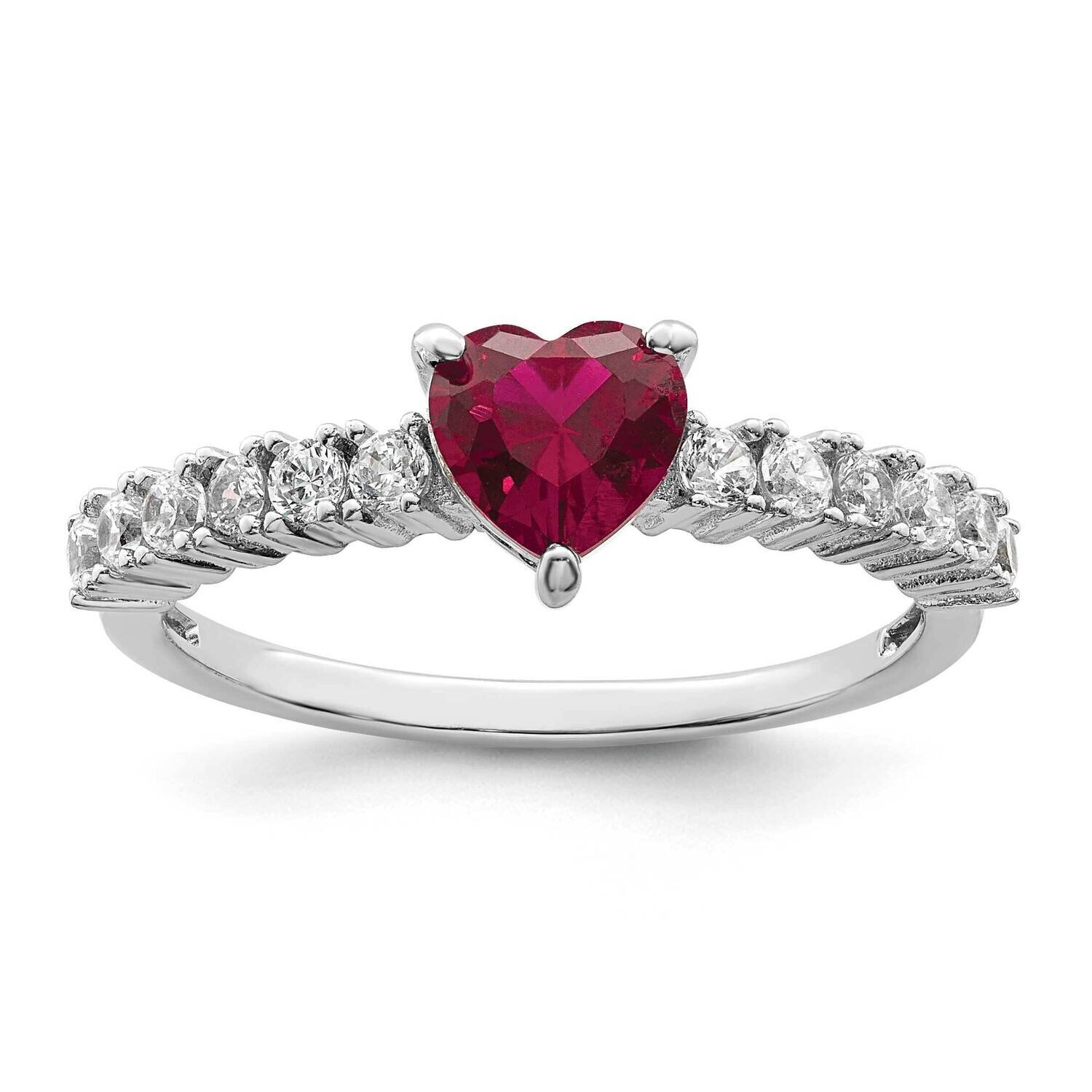 Rhodium-Plated Created Ruby and CZ Diamond Heart Ring Sterling Silver Polished QR7356