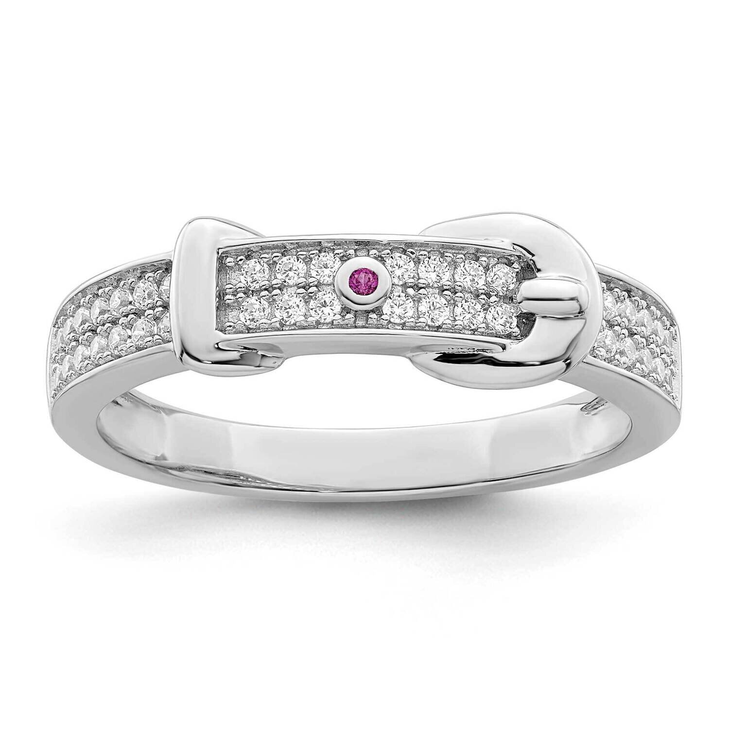 Created Red Corundum &amp; CZ Diamond Buckle Ring Sterling Silver Rhodium-Plated QR7357, MPN: QR7357,