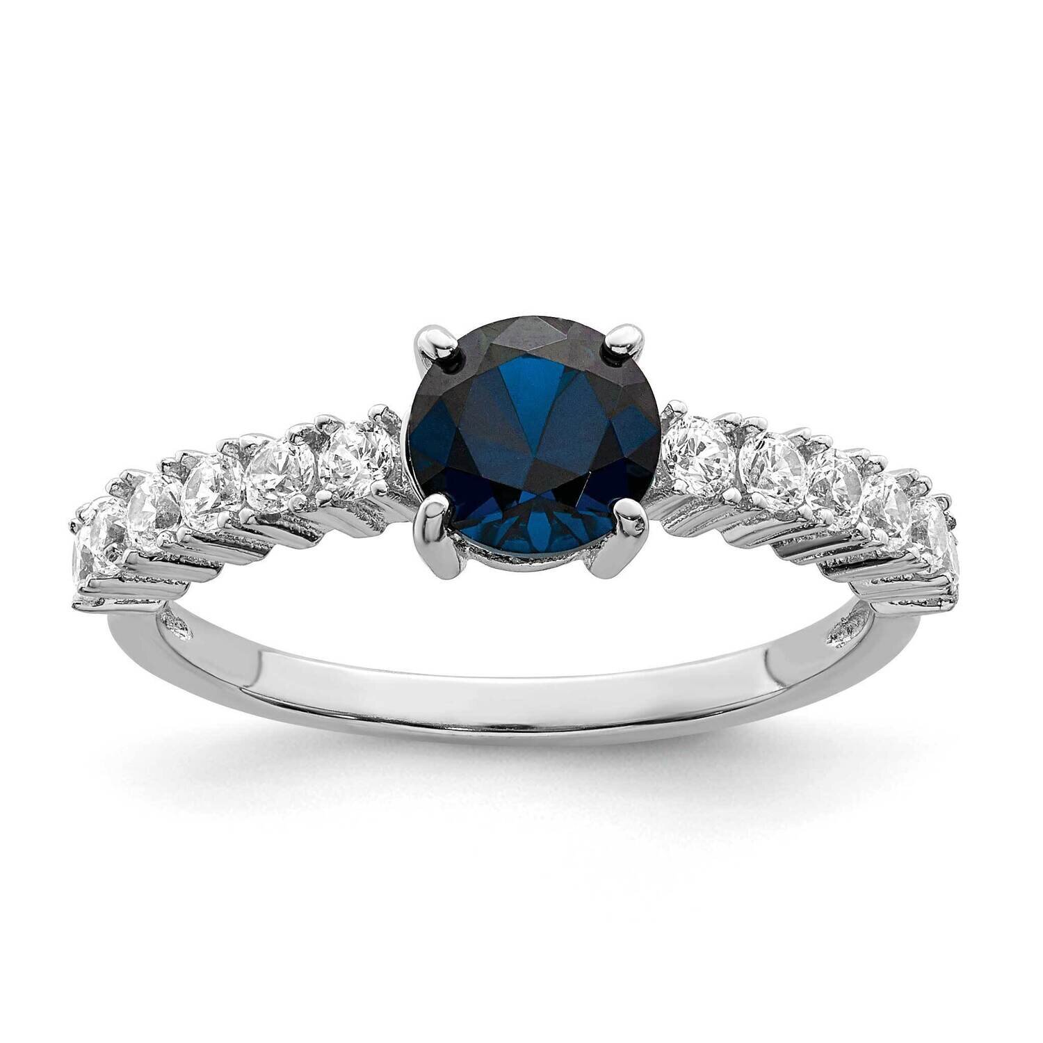 Rhodium-Plated Cr. Blue Spinel and CZ Diamond Ring Sterling Silver Polished QR7380