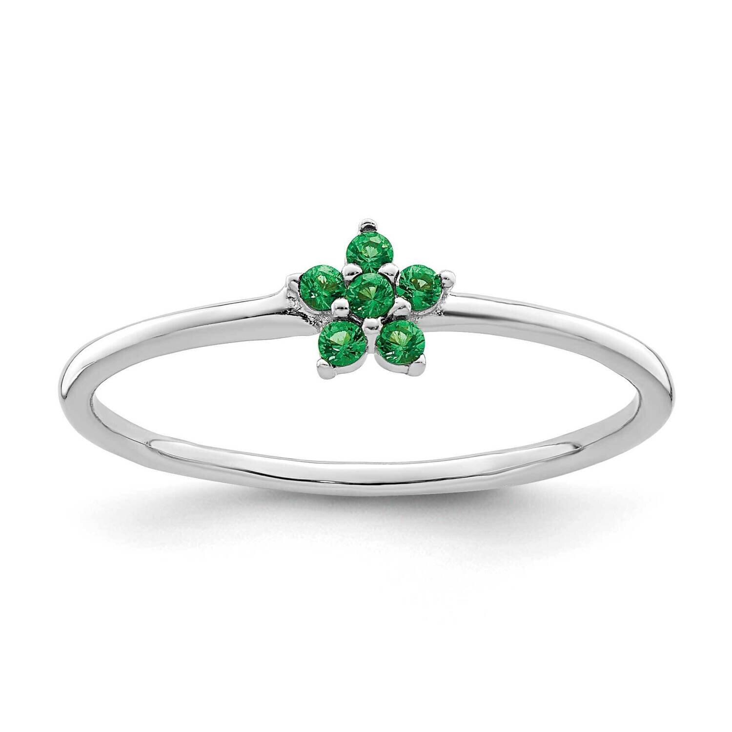 Green CZ Diamond Flower Ring Sterling Silver Rhodium-Plated Polished QR7383