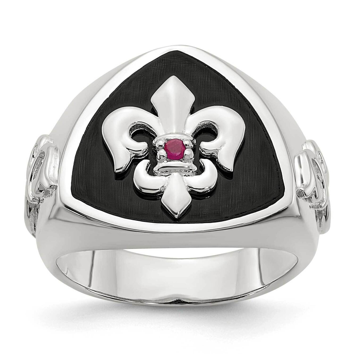 .03Ruby Black Agate Fleur De Lis Ring Sterling Silver QR7408