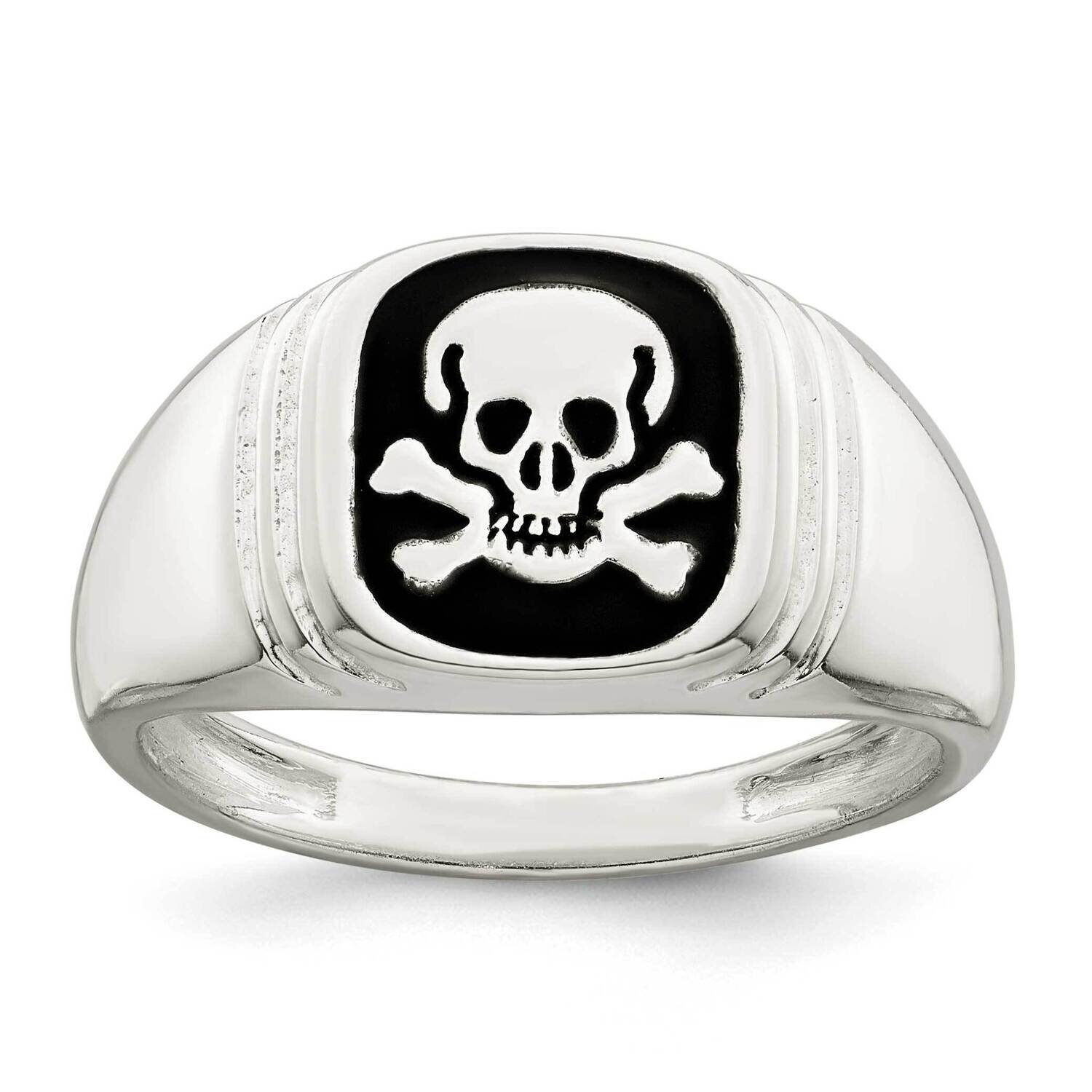 Black Enameled Mens Skull and Crossbones Ring Sterling Silver QR7412