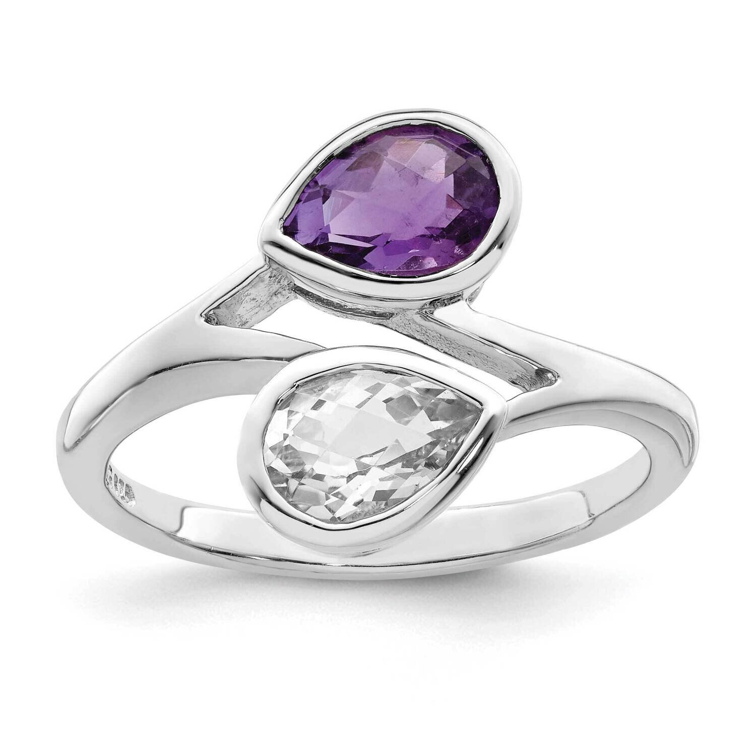 Pear Shape Amethyst &amp; White Topaz Ring Sterling Silver Rhodium-Plated QR7420AM, MPN: QR7420AM,
