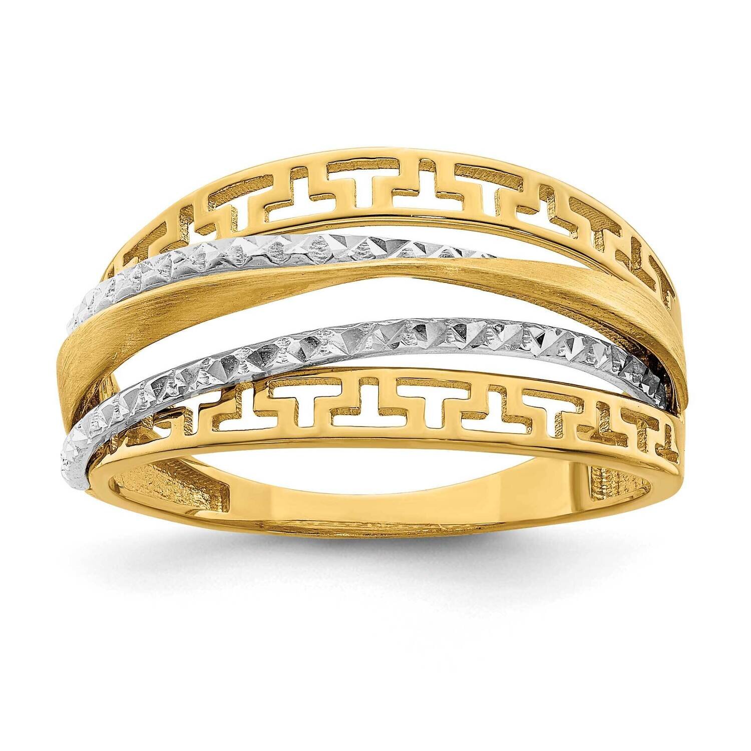 Diamond-Cut and Satin Greek Key Ring 14k Two-Tone Gold R946
