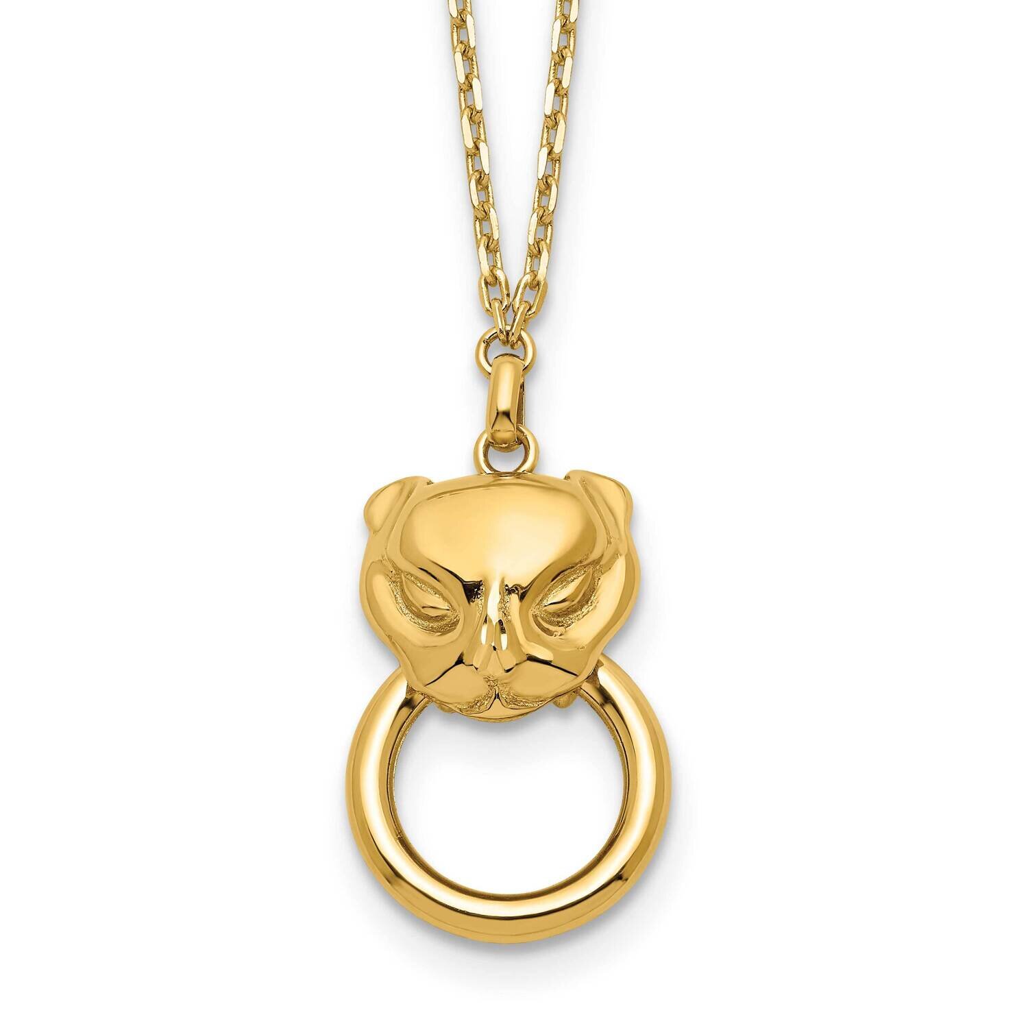 Cat Head Holding Ring Necklace 17 Inch 14k Gold Polished SF2940-17