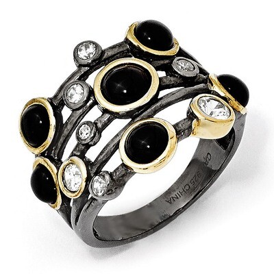 Cheryl M Black Rhodium Gold-Plating Onyx &amp; Cubic Zirconia Ring Sterling Silver QCM1060, MPN: QCM106…
