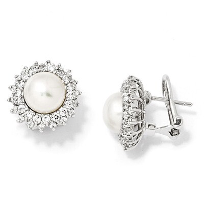 Cheryl M Pearl Omega Back Earrings Sterling Silver Cubic Zirconia QCM289, MPN: QCM289, 886774012650