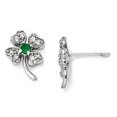 Cheryl M Emerald 4-leaf Clover Post Earring Sterling Silver Glass Cubic Zirconia QCM369, MPN: QCM36…