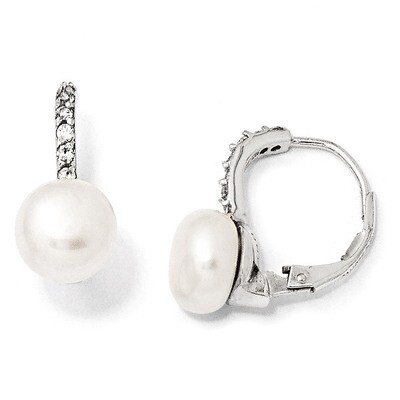 Cheryl M Pearl Leverback Earrings Sterling Silver Cubic Zirconia QCM290, MPN: QCM290, 191101185656