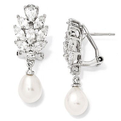 Cheryl M Pearl Omega Back Earrings Sterling Silver Cubic Zirconia QCM313, MPN: QCM313, 191101185748