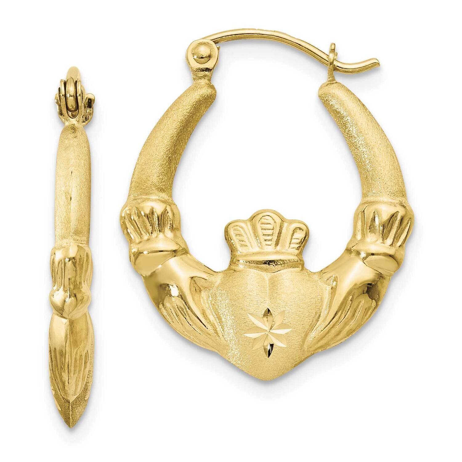 Satin Claddagh Hoop Earrings 10k Gold Polished 10TE420