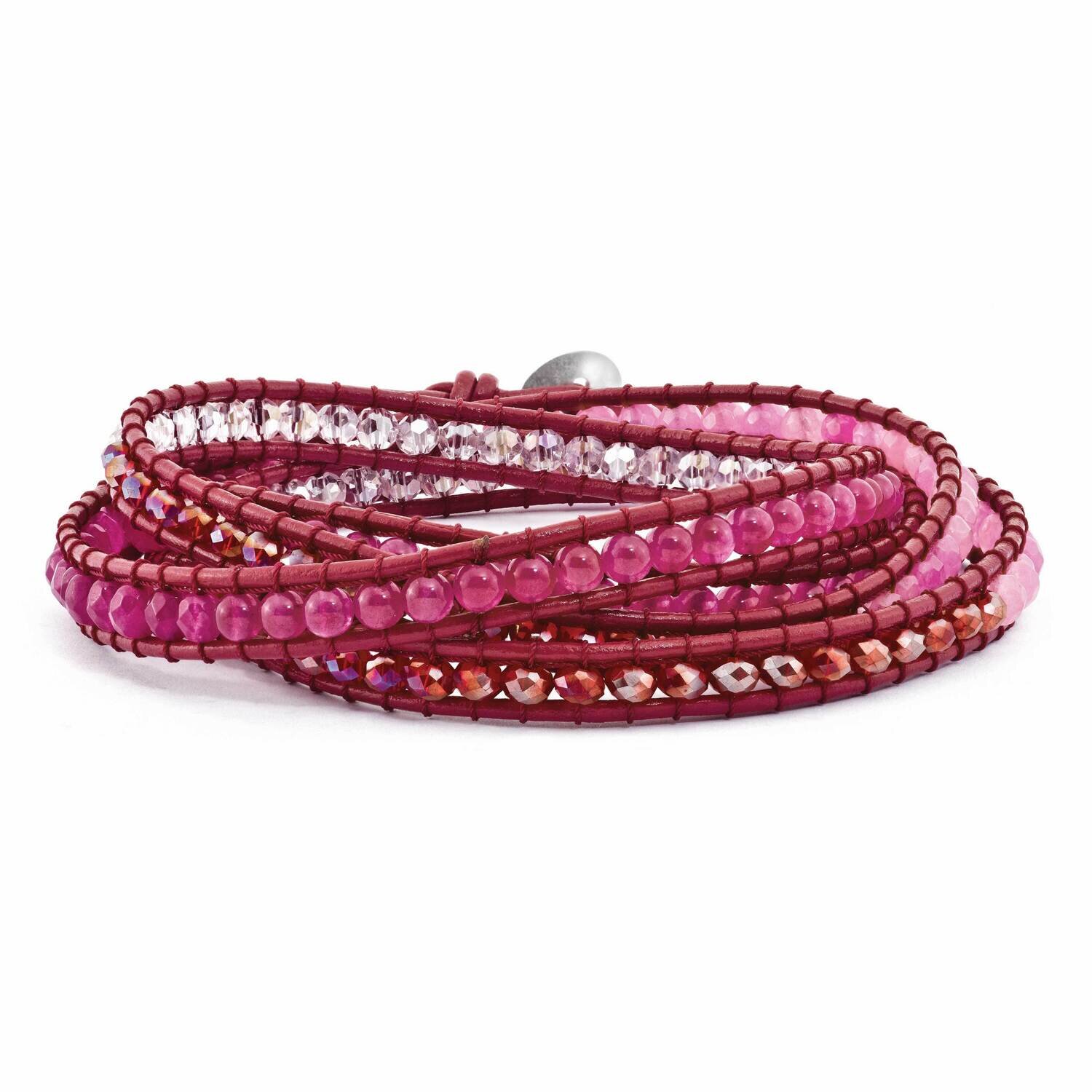Multi Crystal and Multi Colored Jade Beaded Leather Bracelet Multi-wrap BF2099