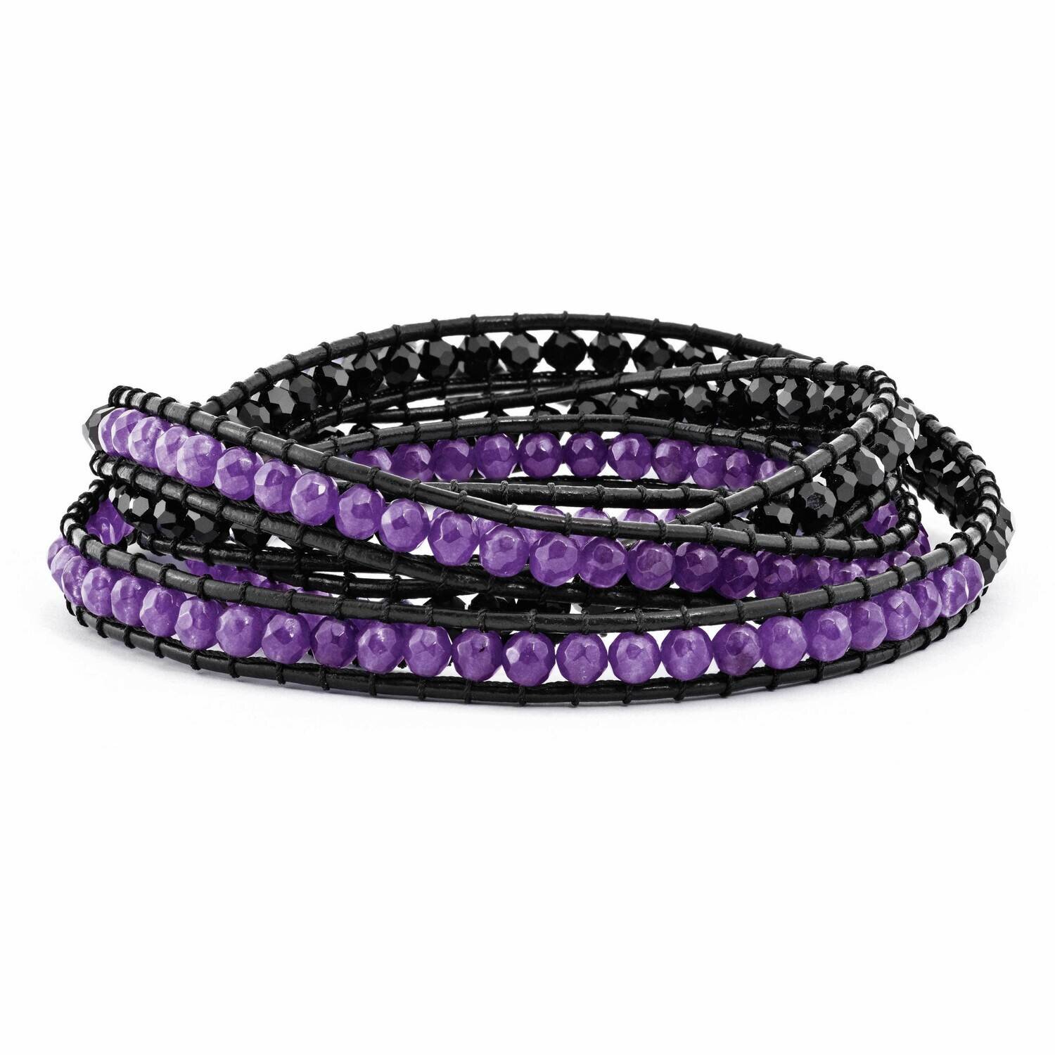 Black Crystal Purple Quartz Bead Leather Bracelet Multi-wrap BF2104