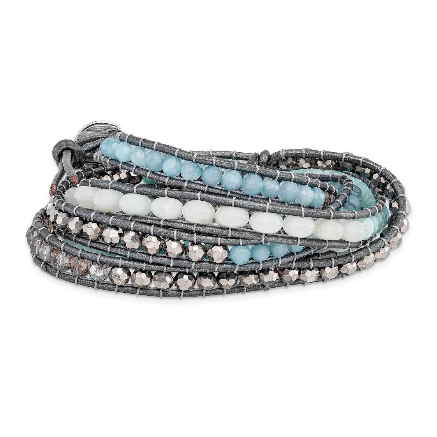 Aquamarine Blue Quartz Crystal Leather Bracelet Multi-wrap BF2112