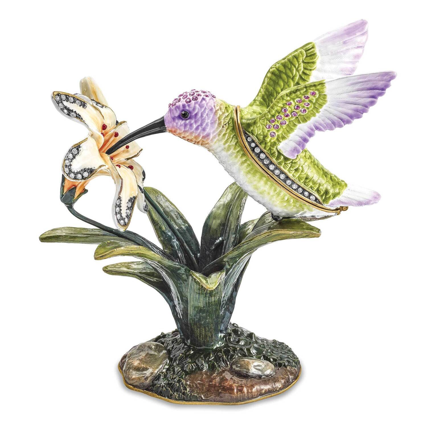 Bejeweled Viola Hummingbird & Daylily Trinket Box BJ4089
