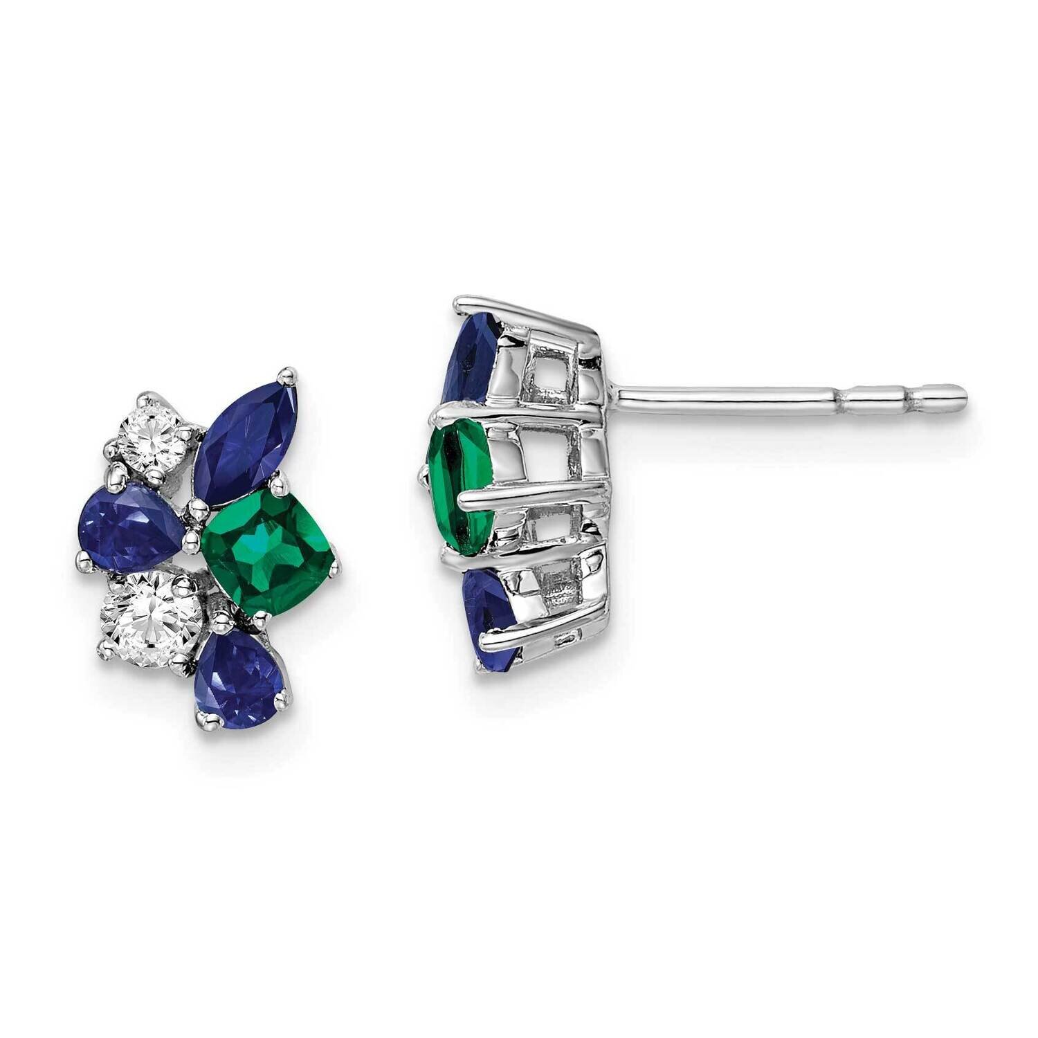 3 Created Blue Sapphires 1 Created Emerald Earrings 14k White Gold Lab Grown Diamond EM7507-CSA-020-WLG