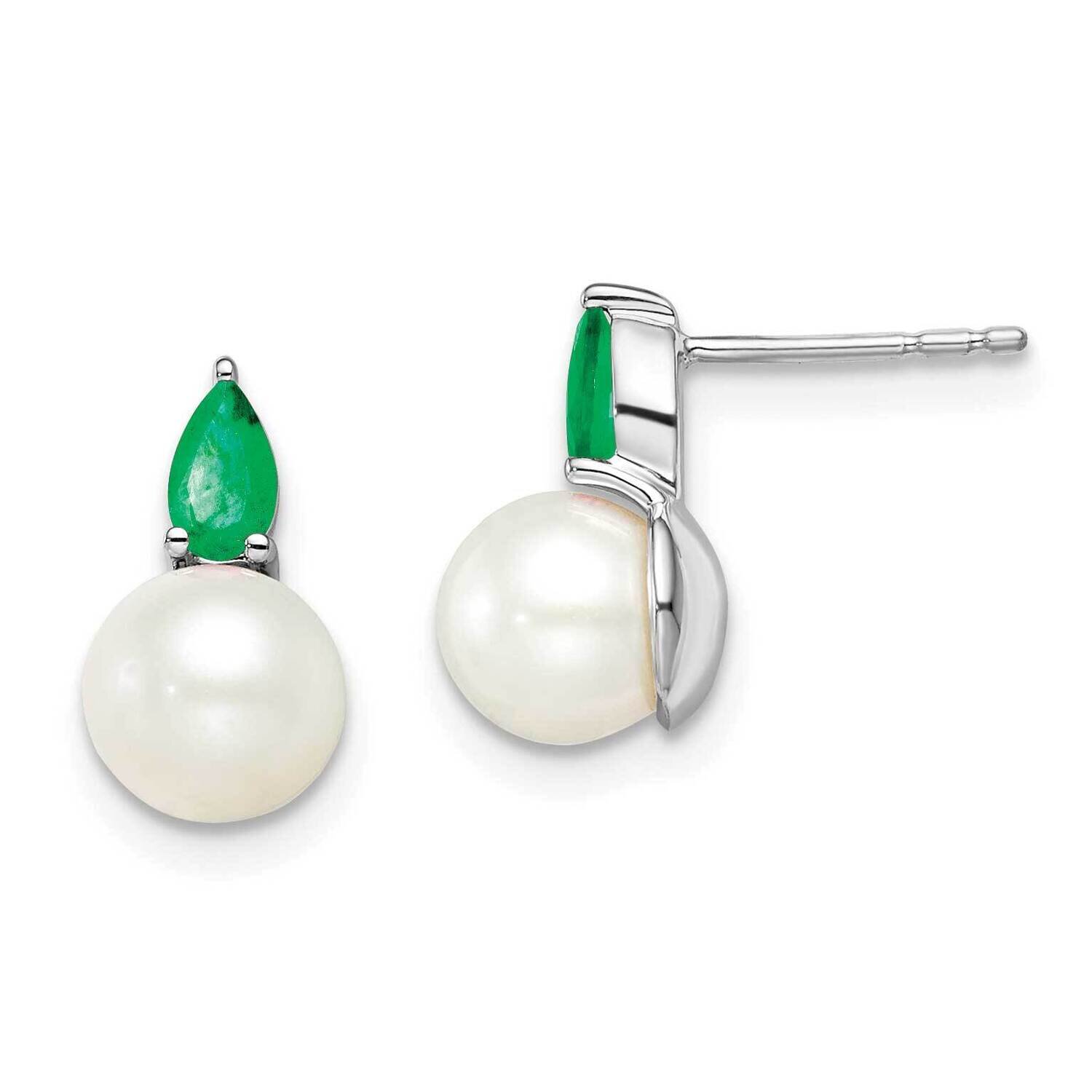 Cultured Freshwater Pearl and Emerald Post Earrings 14k White Gold EM8094-EM-W, MPN: EM8094-EM-W, 8…