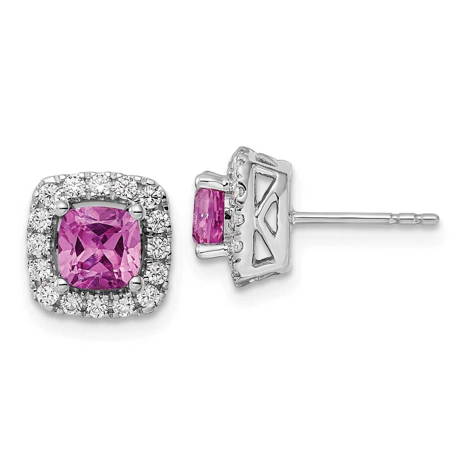 Diamond and Created Pink Sapphire Halo Post Earrings 14k White Gold Lab Grown Diamond EM9037-CPS-03…