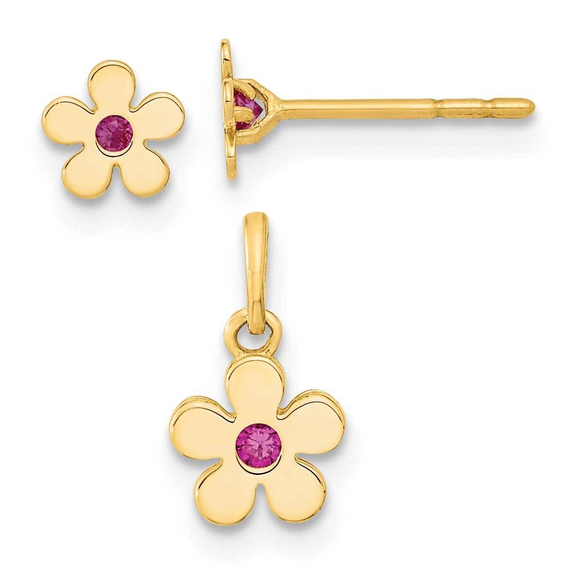 CZ Diamond Flower Post Earrings and Flower Pendant Set 14k Gold Polished GK1105