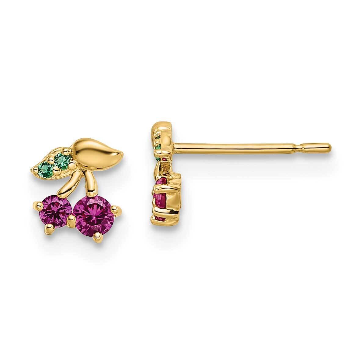 Red CZ Diamond &amp; Green Glass Cherry Post Earrings 14k Gold GK1142 by Madi K, MPN: GK1142, 883957975…