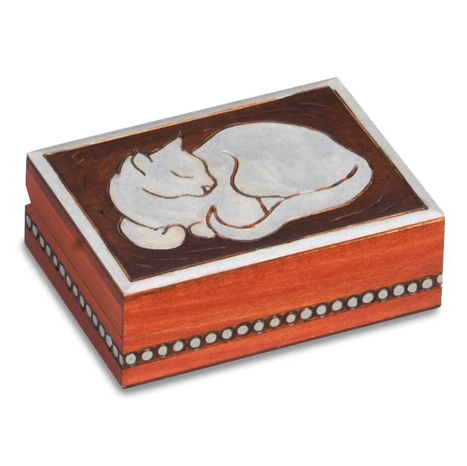 Cat Carved Painted Keepsake Lined Interior Wooden Box GM16172